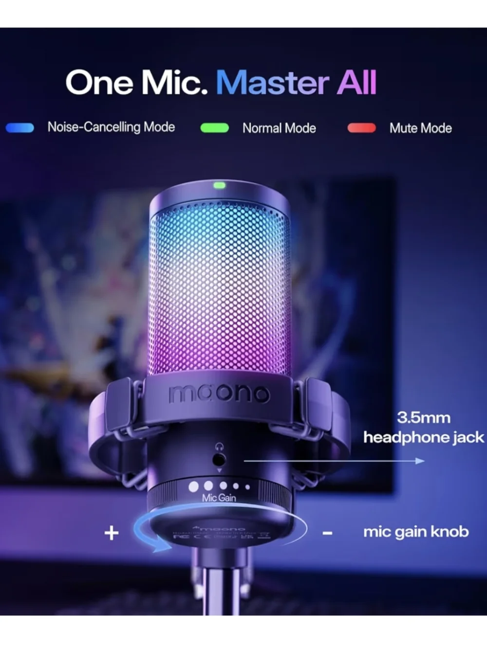 MAONO USB Gaming Microphone RGB Lights With Noise Condenser